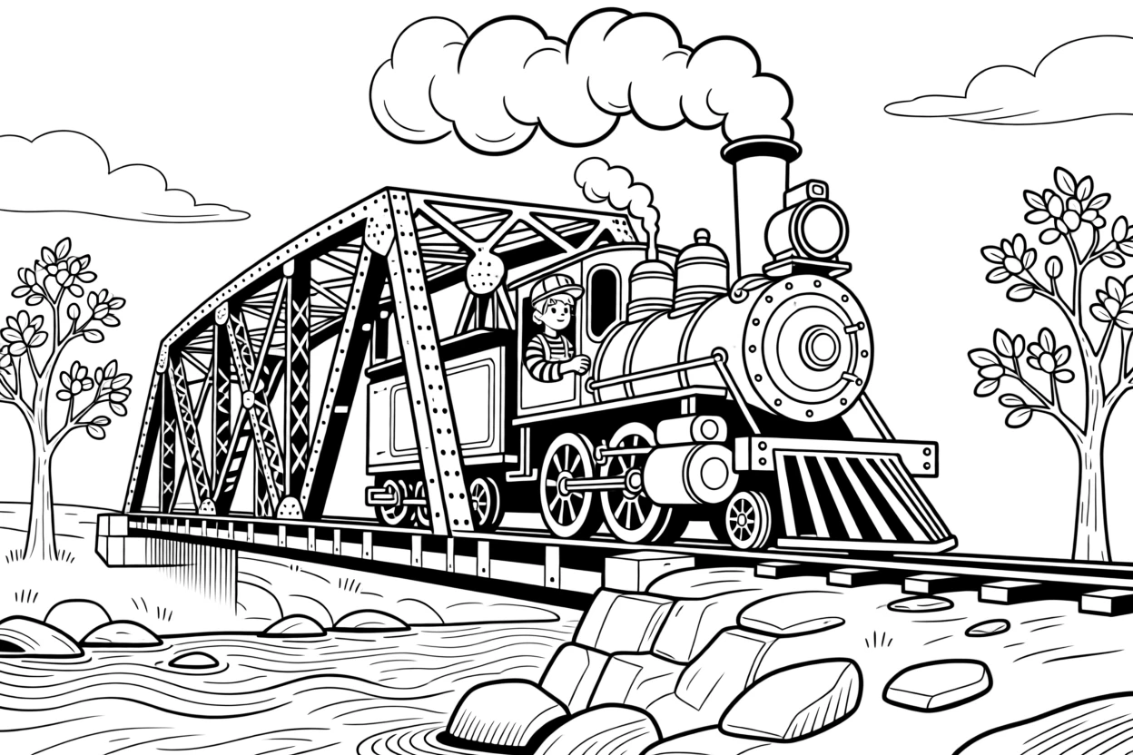 A steam-powered train crossing an iron bridge, with soft ambient lighting filling the room.
