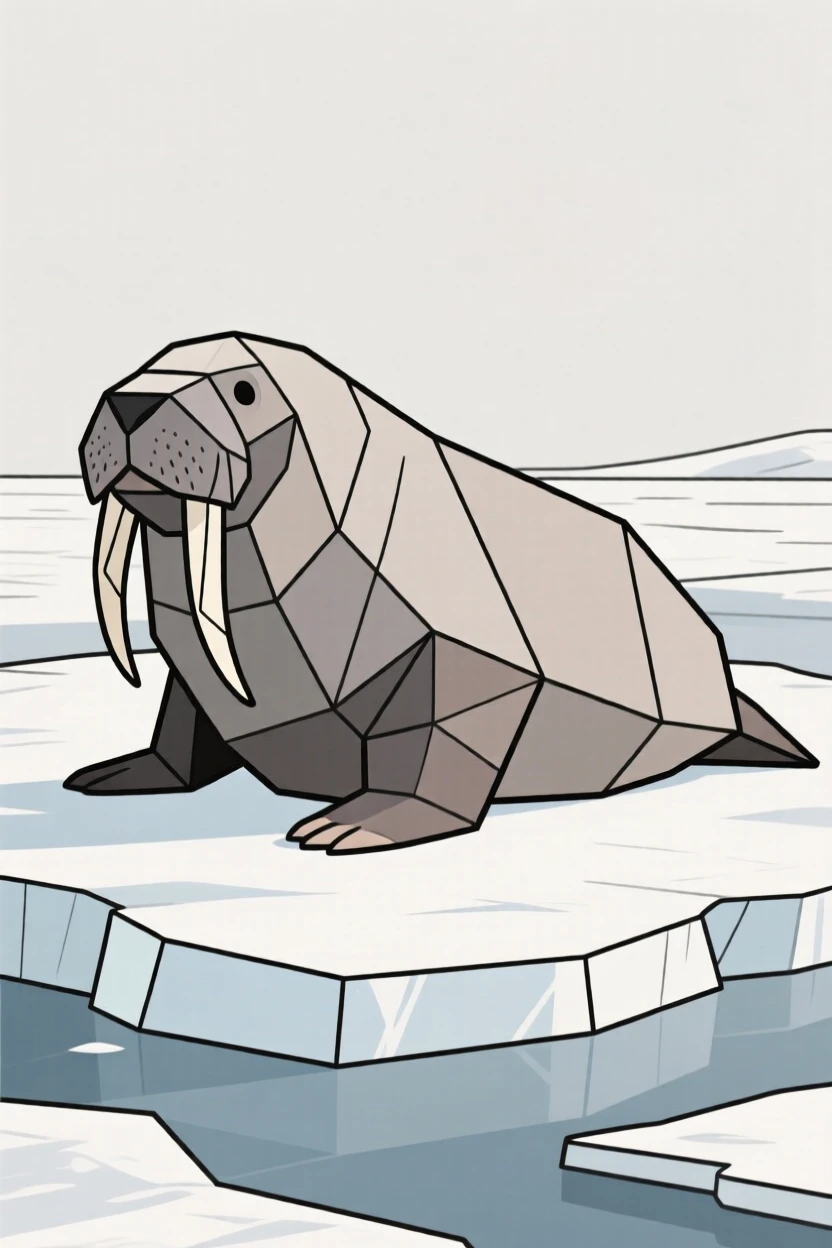 A walrus with large tusks resting on an ice floe