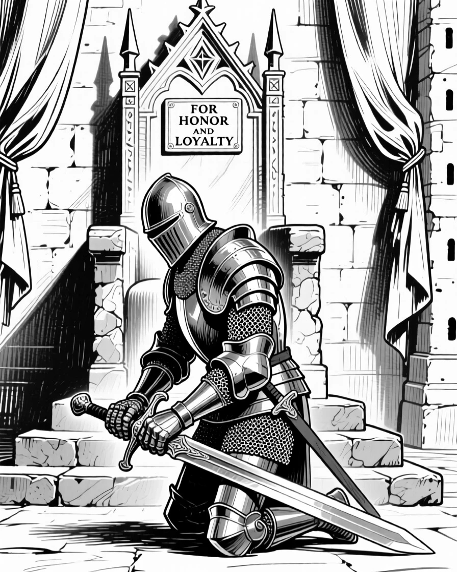 A knight kneeling before a castle throne, sword resting across his palms.