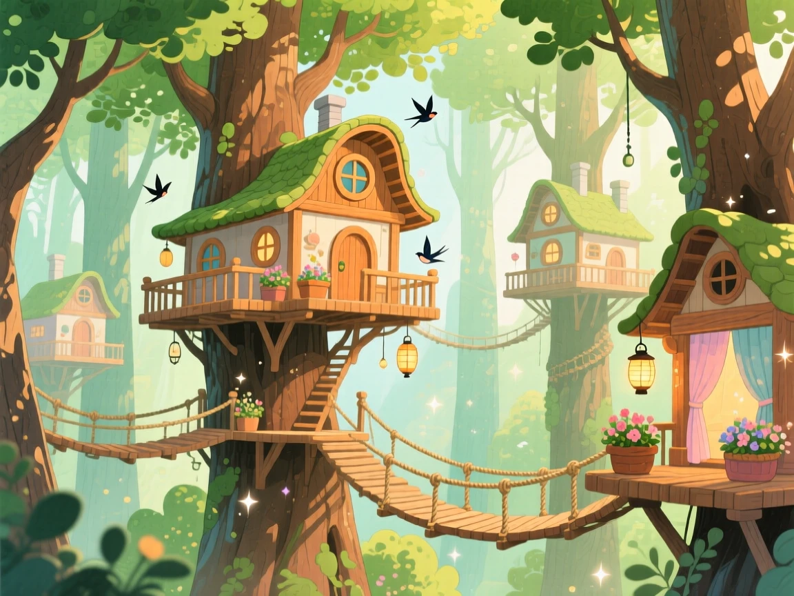 A kingdom of treehouses connected by wooden walkways, bathed in soft magical light.