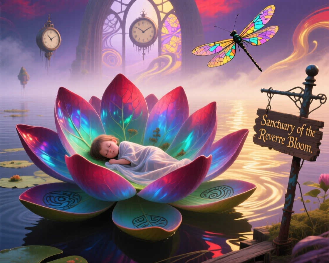 A giant water lily large enough to hold a sleeping child blooms slowly under the soft light of early dawn, while soft light filters gently through its leaves.