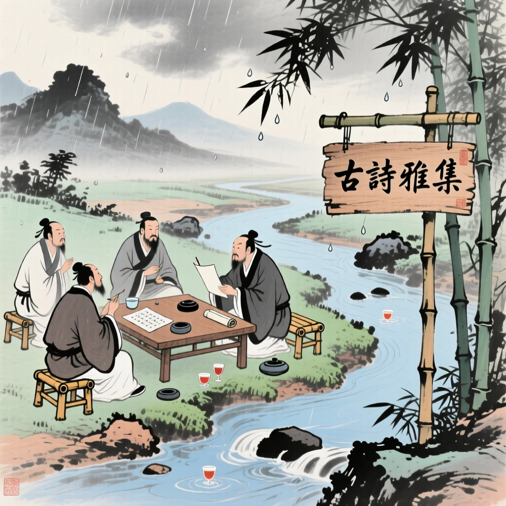 A gathering of poets composing verses beside a winding stream, cups floating between them, just after a rain shower, beneath low hanging clouds.