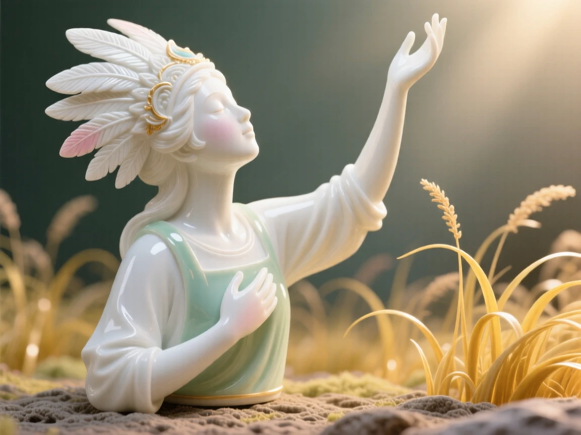 A gardener reaching upward toward the light, wearing a feathered ceremonial headdress, one hand resting gently over her heart, set against a field of tall golden grass.