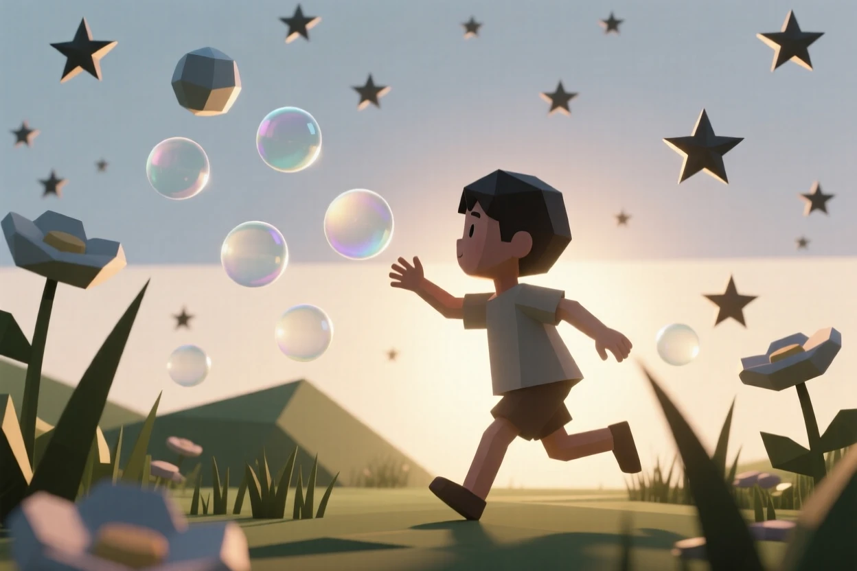 A child chasing bubbles in a sunny garden, beneath a sky full of stars. soft backlighting creates a warm, glowing silhouette. It captures a feeling of quiet triumph.
