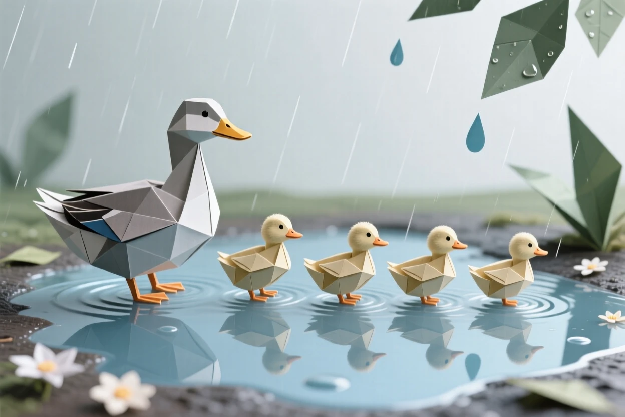 A line of fluffy ducklings following their mother through a puddle after rain, ripples trailing behind each one.