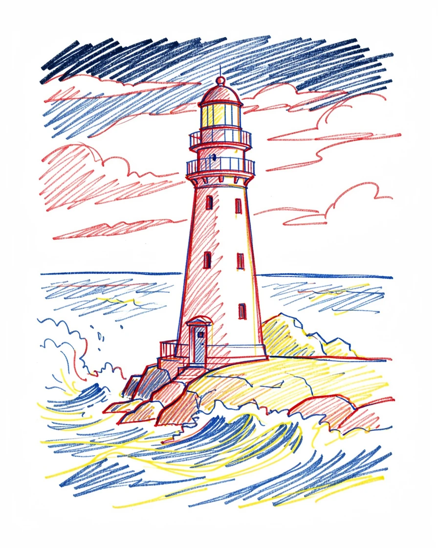 A windswept coastal lighthouse standing against crashing waves and a darkening sky