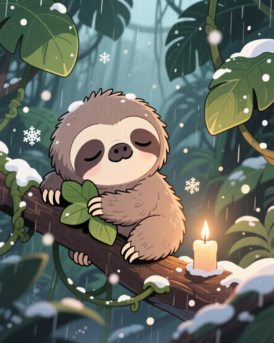 Three-quarter view of a baby sloth, hugging a leafy branch with a sleepy smile, in a humid rainforest canopy, during a cozy winter snowfall, illuminated by gentle candlelight, radiating sleepy relaxation.