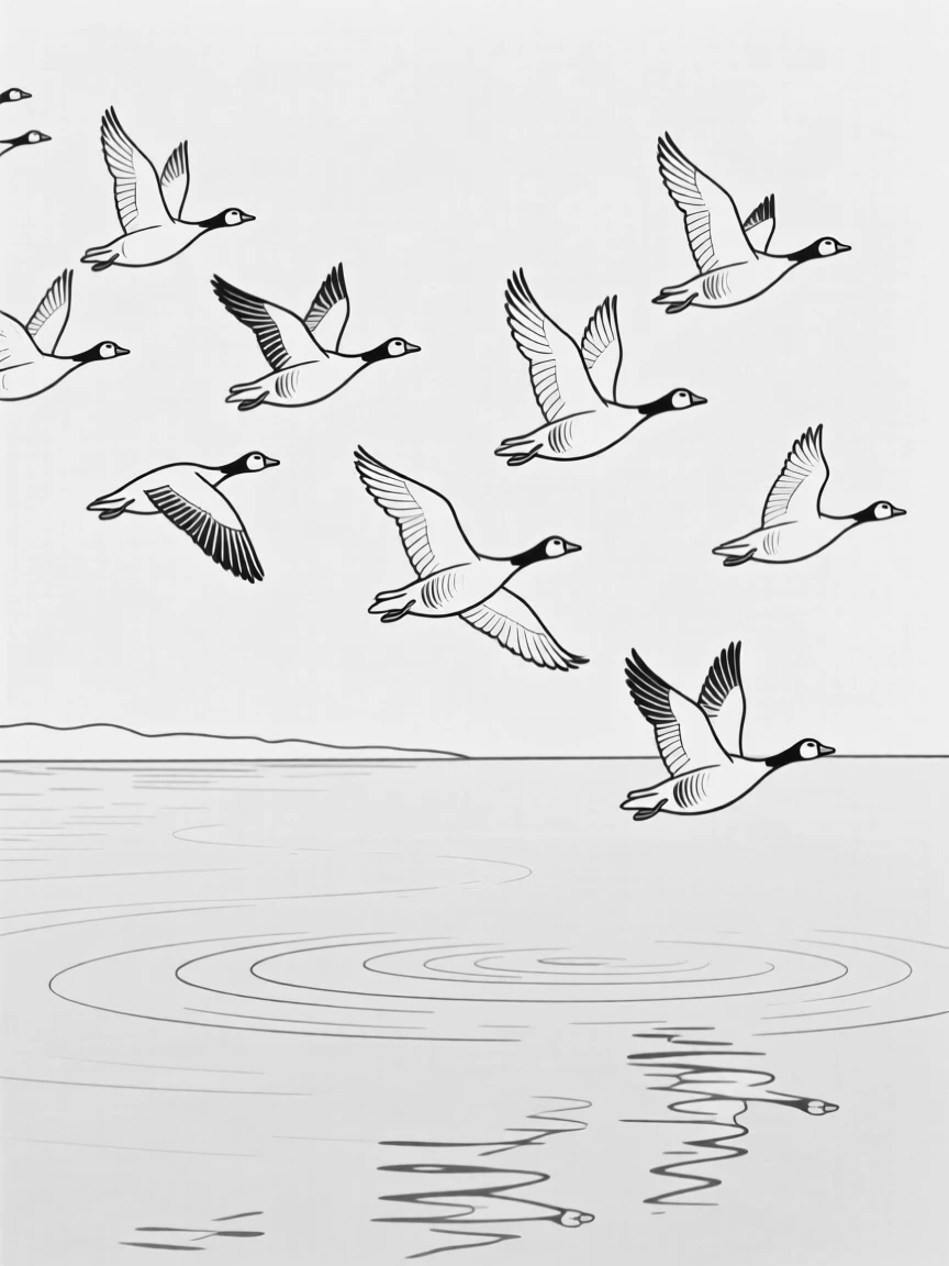 A flock of geese flying in formation over a lake