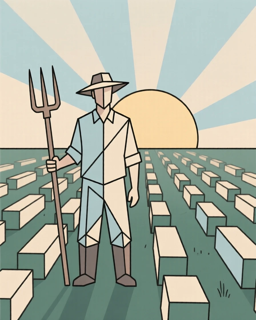 A farmer standing in a field at sunrise