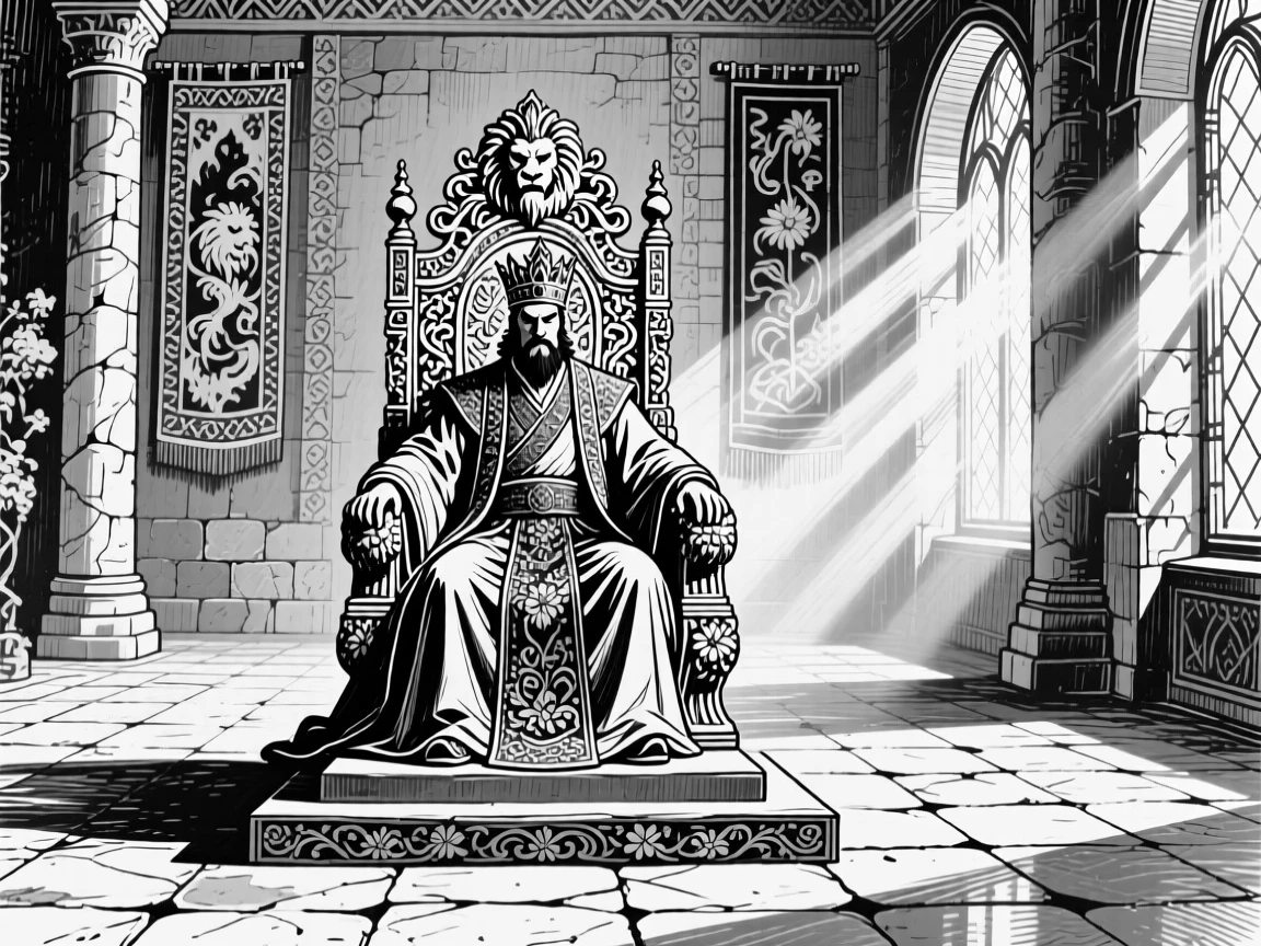 A king seated on an ornate throne in a grand hall, sunlight streaming through tall windows.