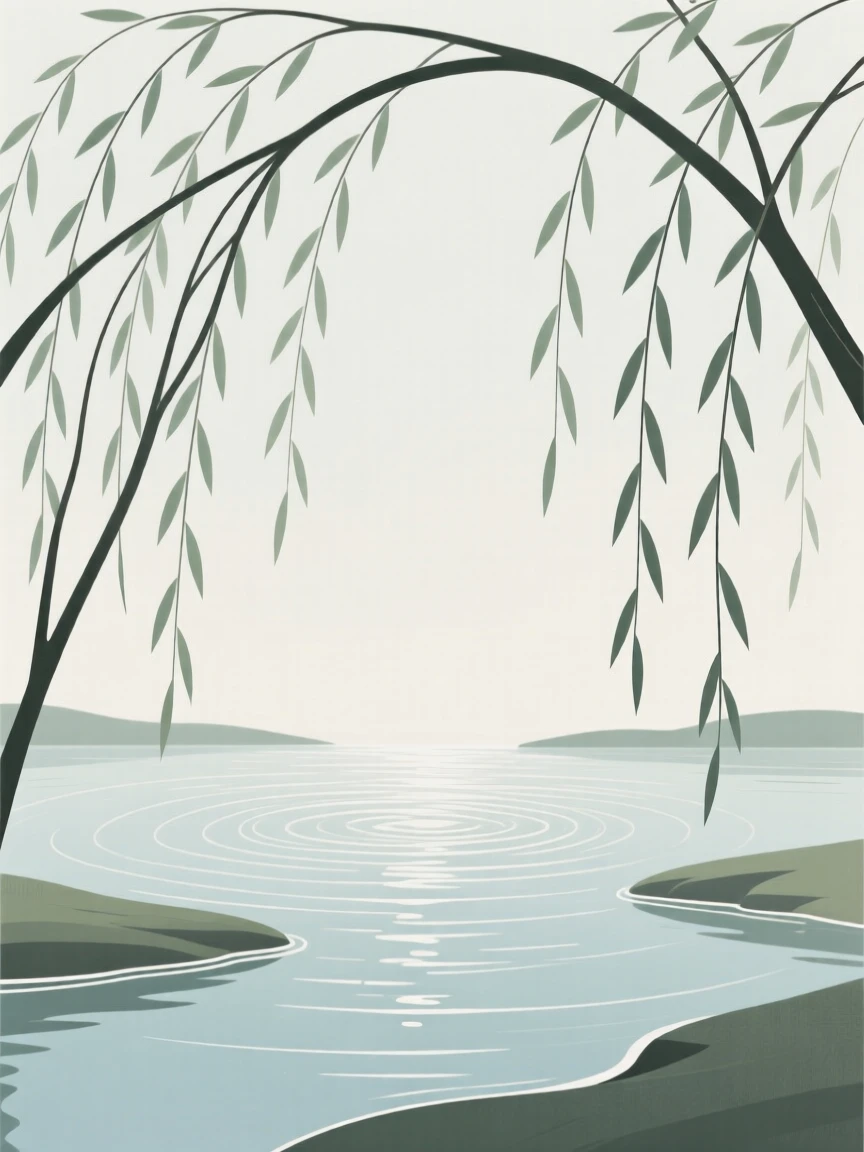 A tranquil quiet lagoon surrounded by willow branches, with gentle ripples on the surface.