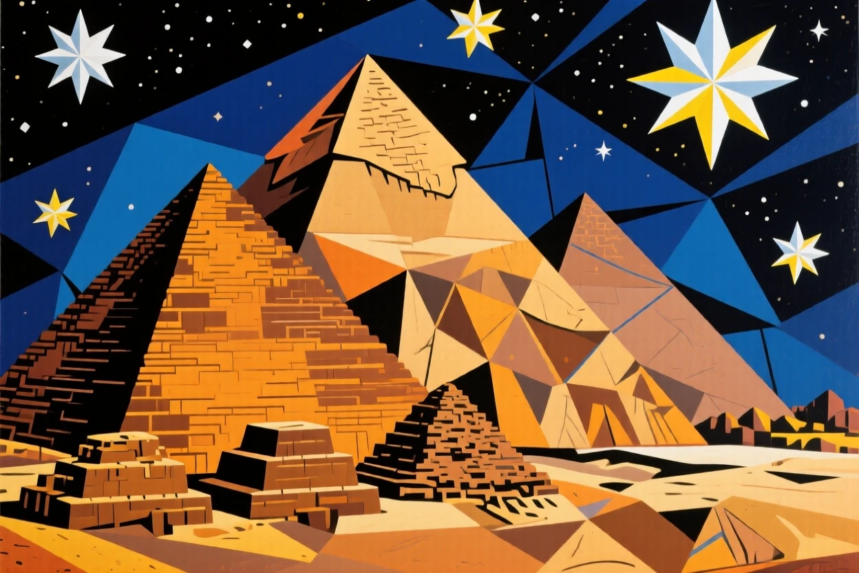 A breathtaking view of the Great Pyramids of Giza, illuminated beneath a starry night sky.