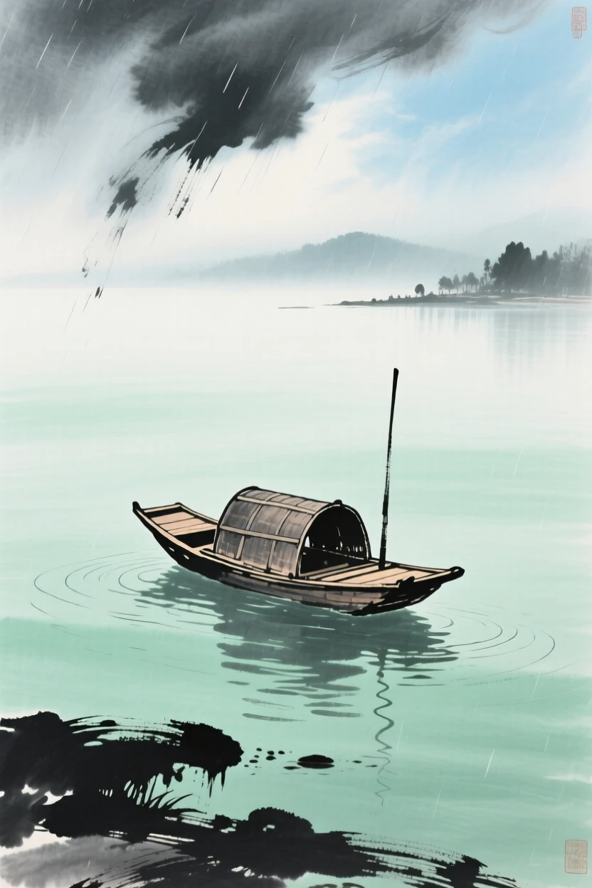 A single boat drifting alone on a vast, mist covered lake, at midday, under clearing skies after a storm.
