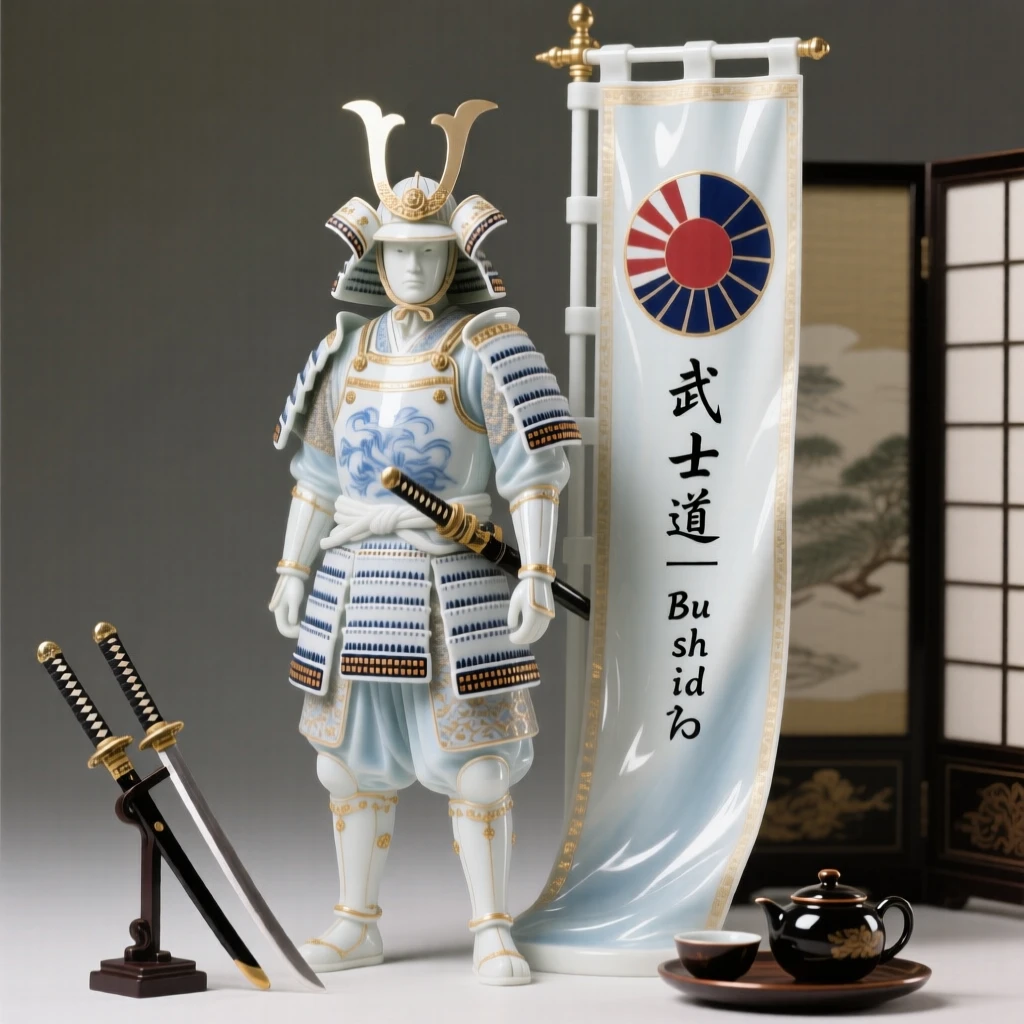 A regal Japanese samurai posed beside a heraldic banner, surrounded by the trappings of a bygone era.