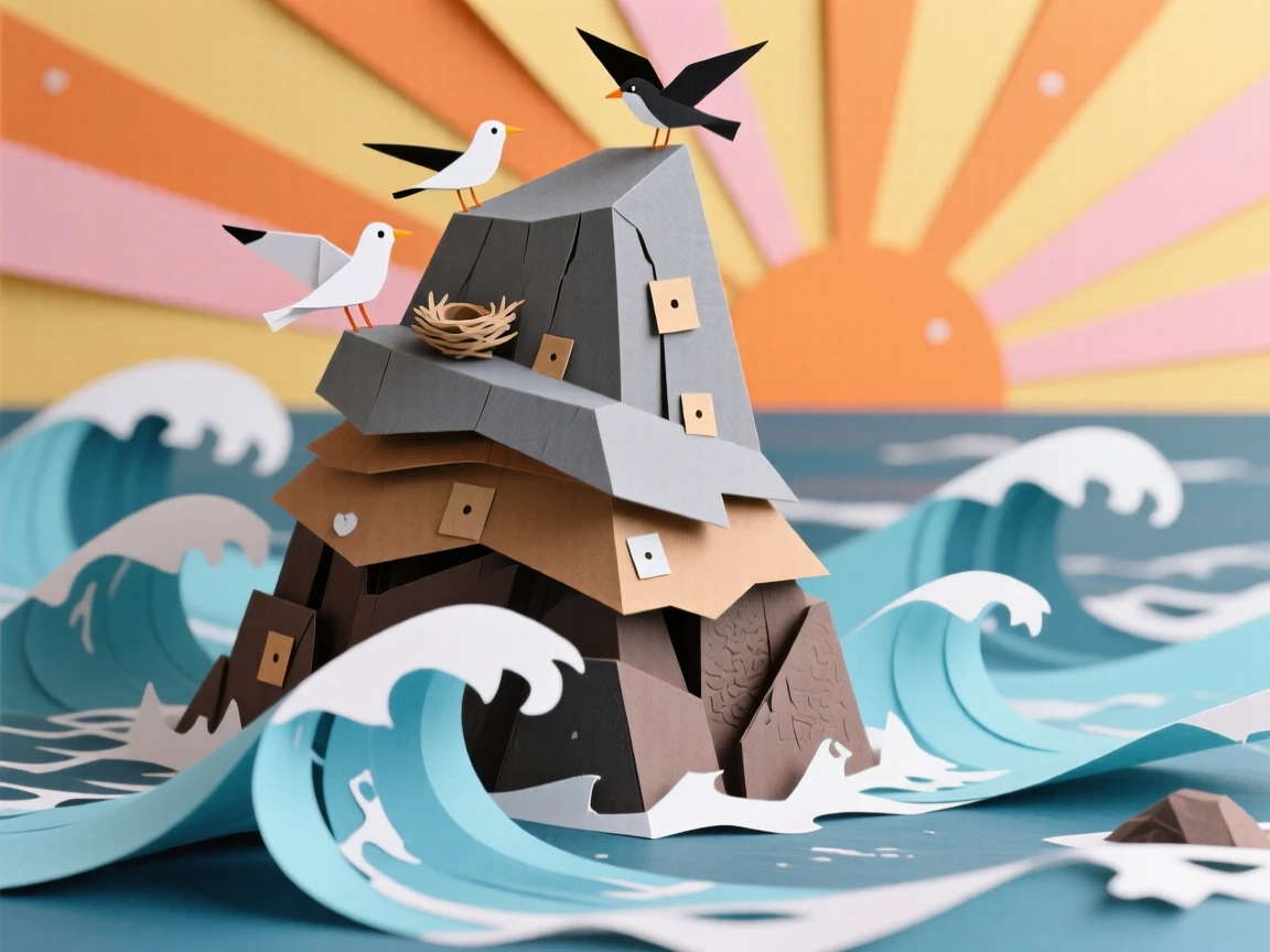 A dramatic coastal sea stack rising from crashing waves at sunrise, seabirds nesting on its rocky ledges, warm light spilling across the water, capturing rugged natural beauty.