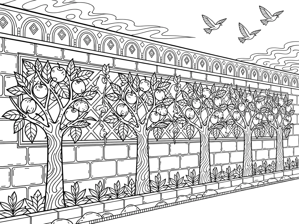 A row of espaliered fruit trees trained flat against a garden wall.