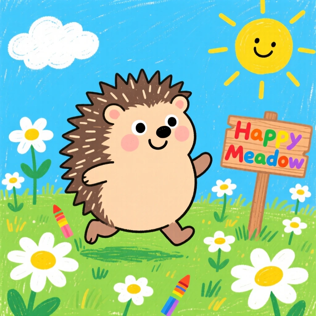 A round hedgehog pup hopping through a meadow of daisies.