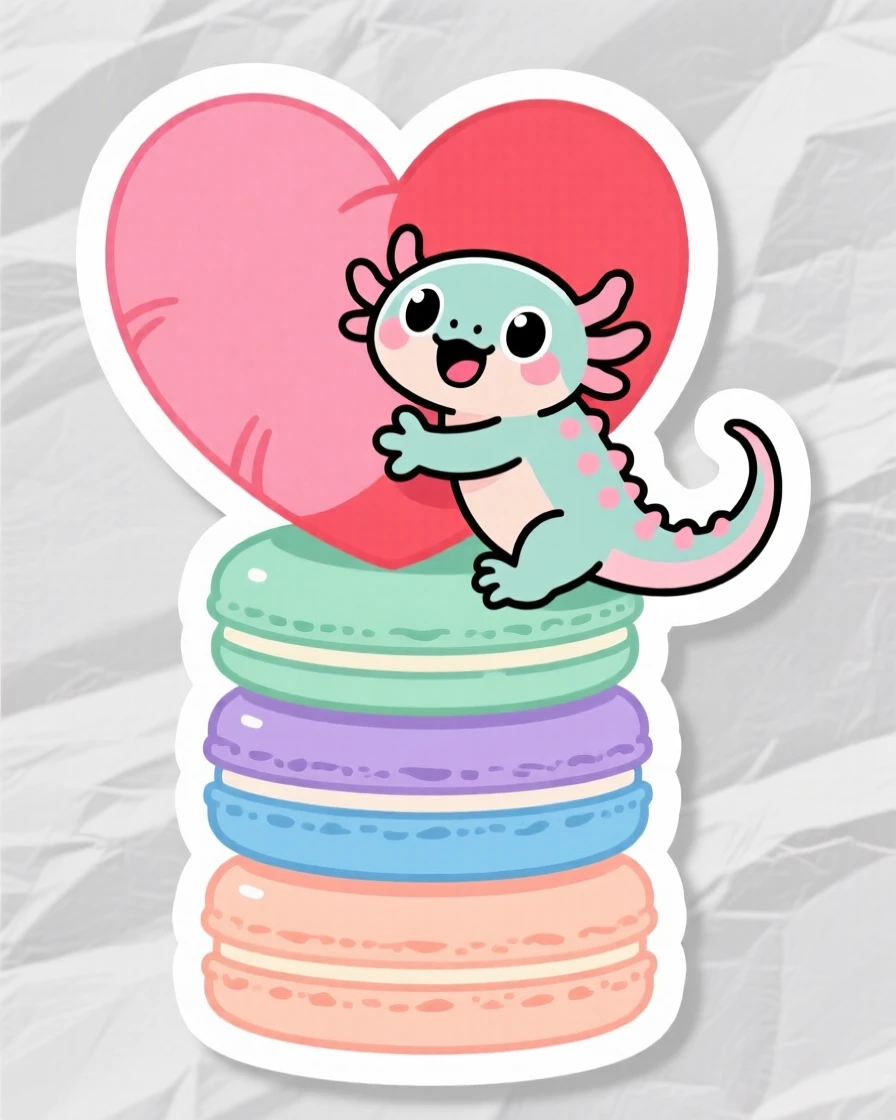 A wonder-struck tiny axolotl hugging a giant heart pillow, on top of a stack of pastel macarons.