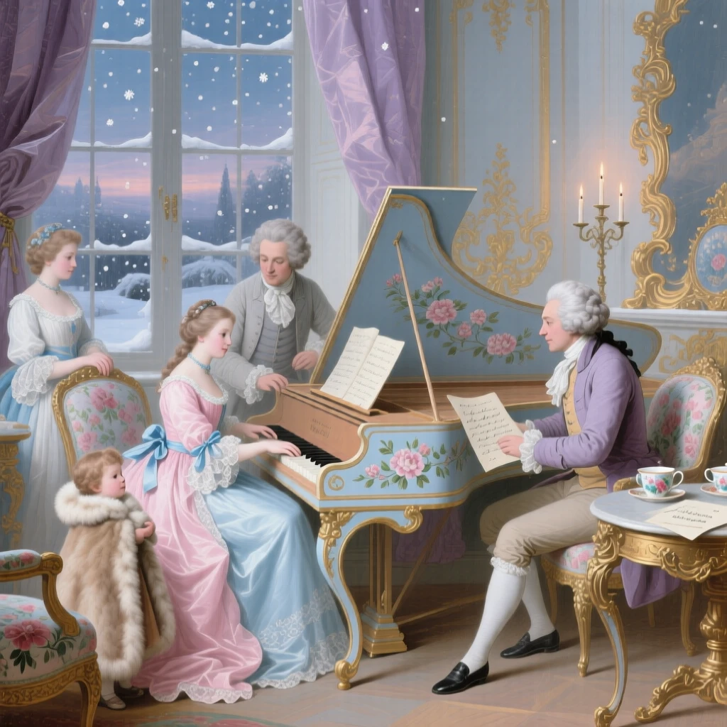 A family gathering around a harpsichord during a quiet winter evening  