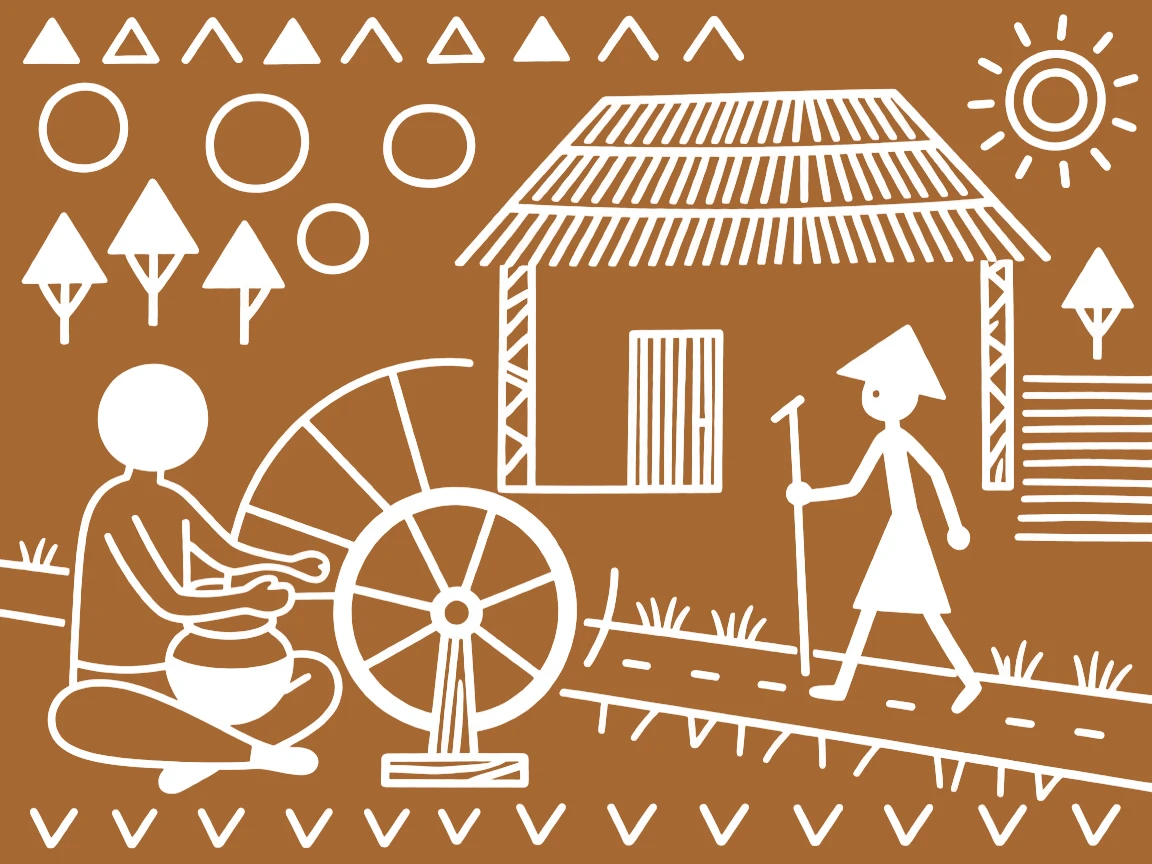 A potter at his wheel greeting a traveler arriving from afar near a thatched-roof granary.
