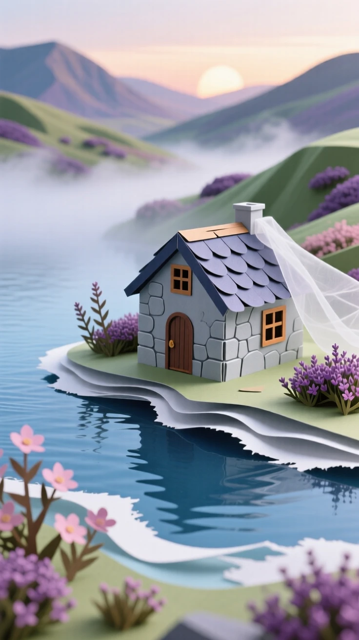 A peaceful highland loch surrounded by heather-covered hills, mist drifting low over the water at dawn, a stone cottage barely visible on the far shore, evoking timeless calm.