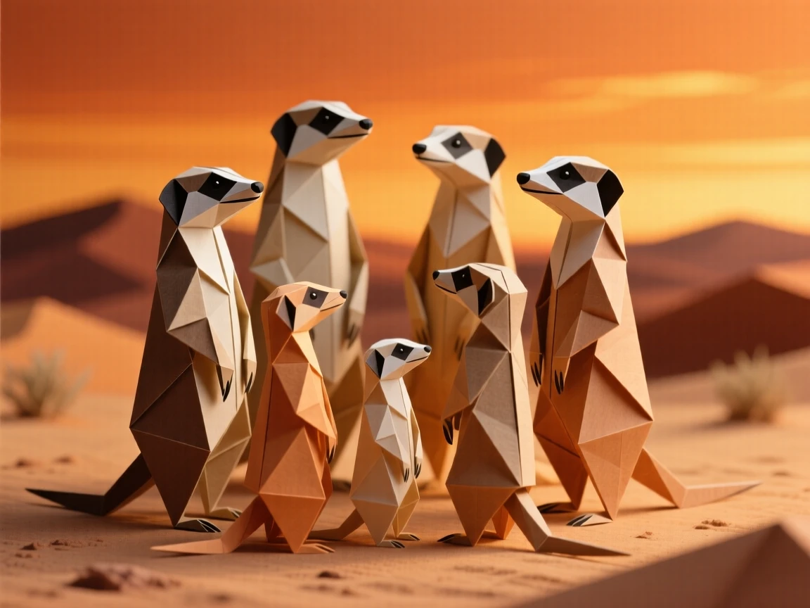 A meerkat family standing tall in a circle on sentry duty, desert horizon glowing orange at sunset.