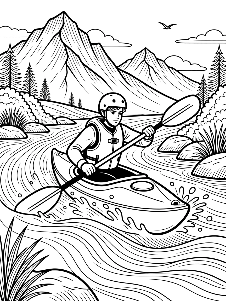 A whitewater kayaker paddling through churning rapids, with jagged peaks rising in the background.