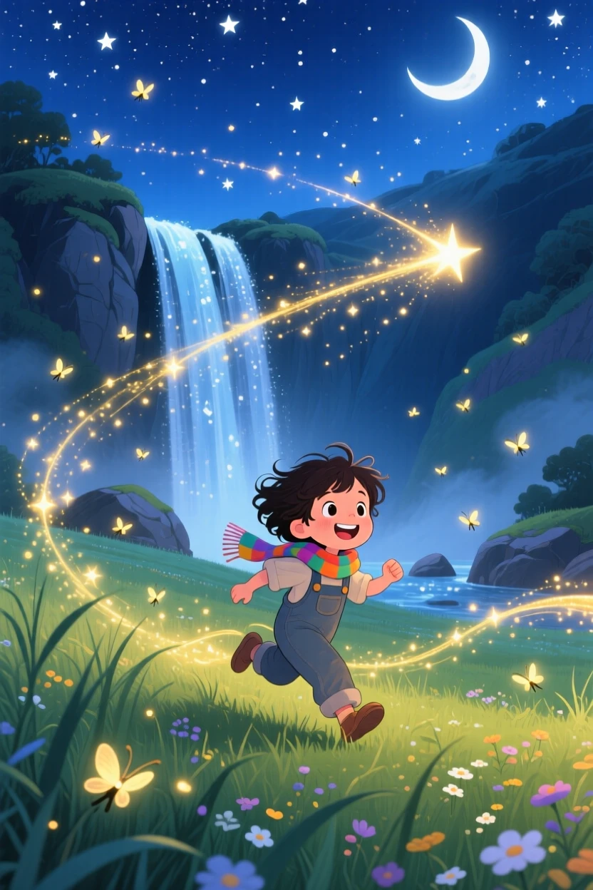 Deep within a hidden valley behind a waterfall, a star-catching child spends the evening chasing a comet across a starry meadow, with fireflies weaving glowing trails.