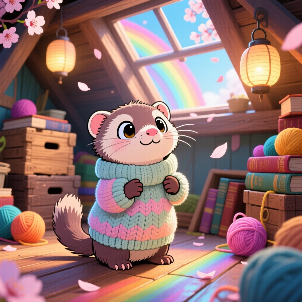 A curious ferret poking its head out of a knitted sweater sleeve, framed as a full-body shot within a cluttered cozy attic, as cherry blossom petals drift on the breeze, glowing under bright rainbow-tinted light, evoking triumphant pride.