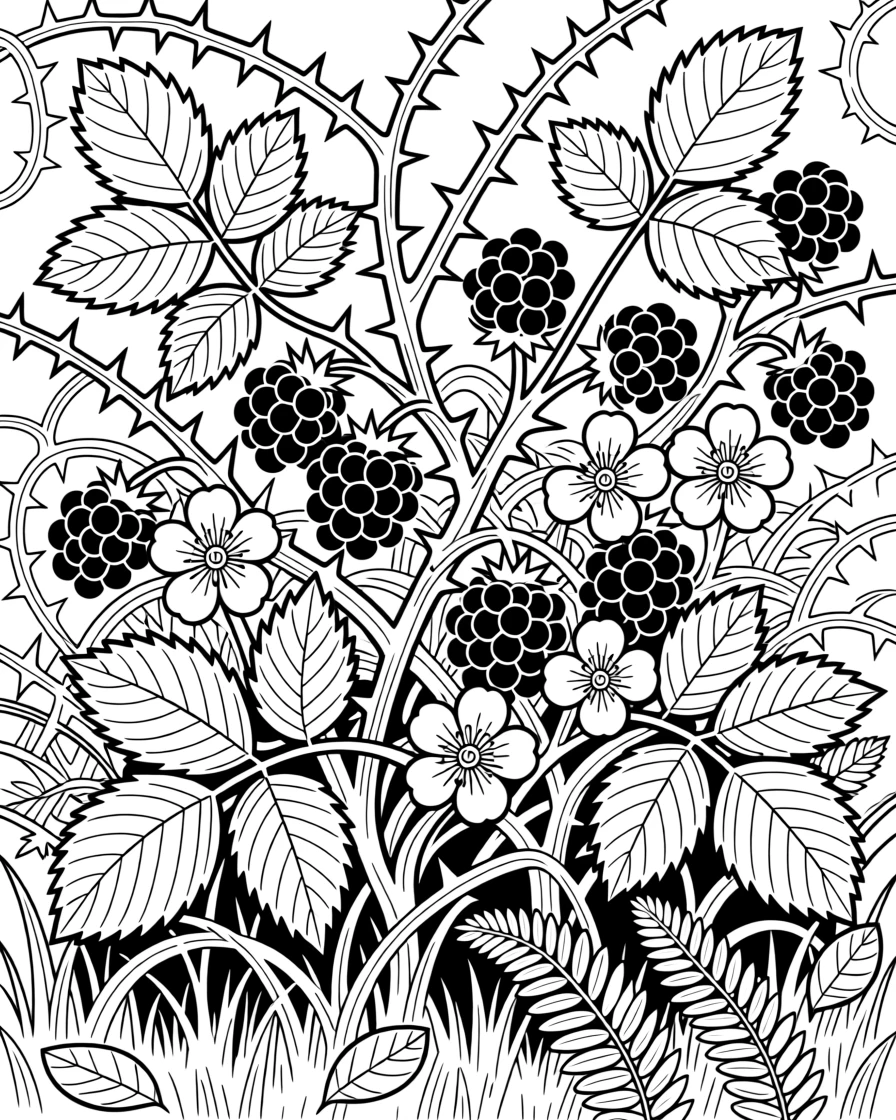 A patch of wild blackberries tangled with thorny brambles.