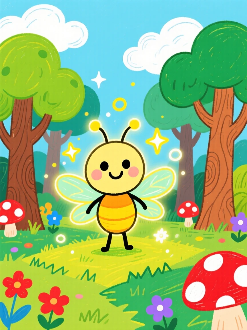 A glowing firefly sprite in an enchanted forest clearing.