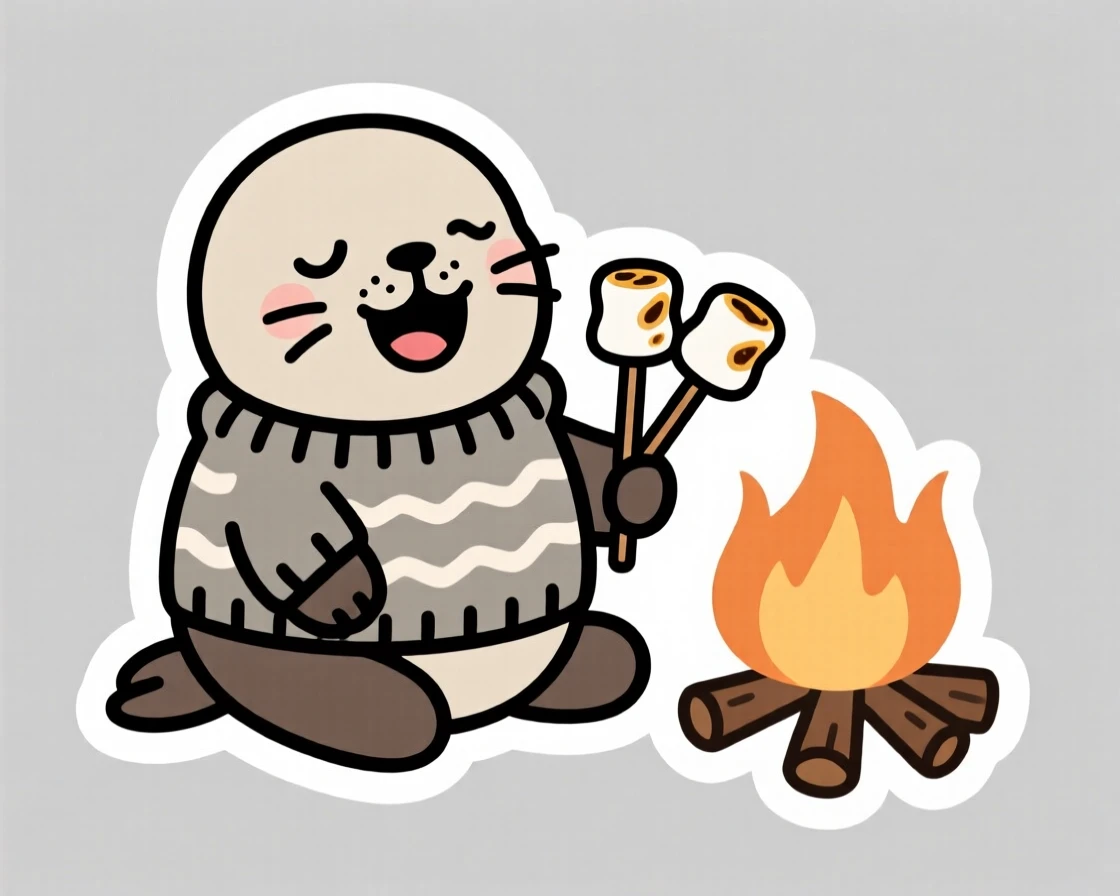 A giggling baby seal pup wearing a tiny knitted sweater, beside a small campfire with marshmallows roasting.