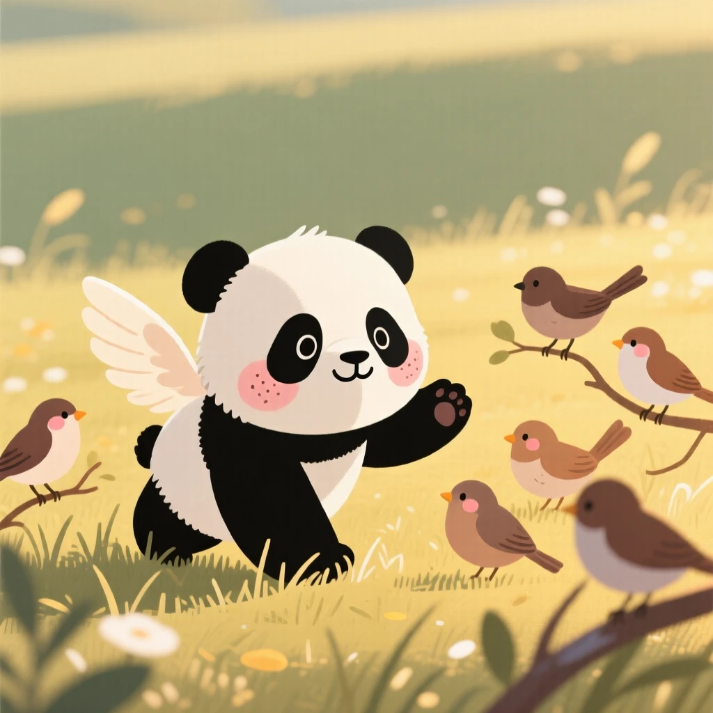 A young panda cub explores a sunlit pasture for the first time, stretching its wings while a nearby flock watches with gentle patience.