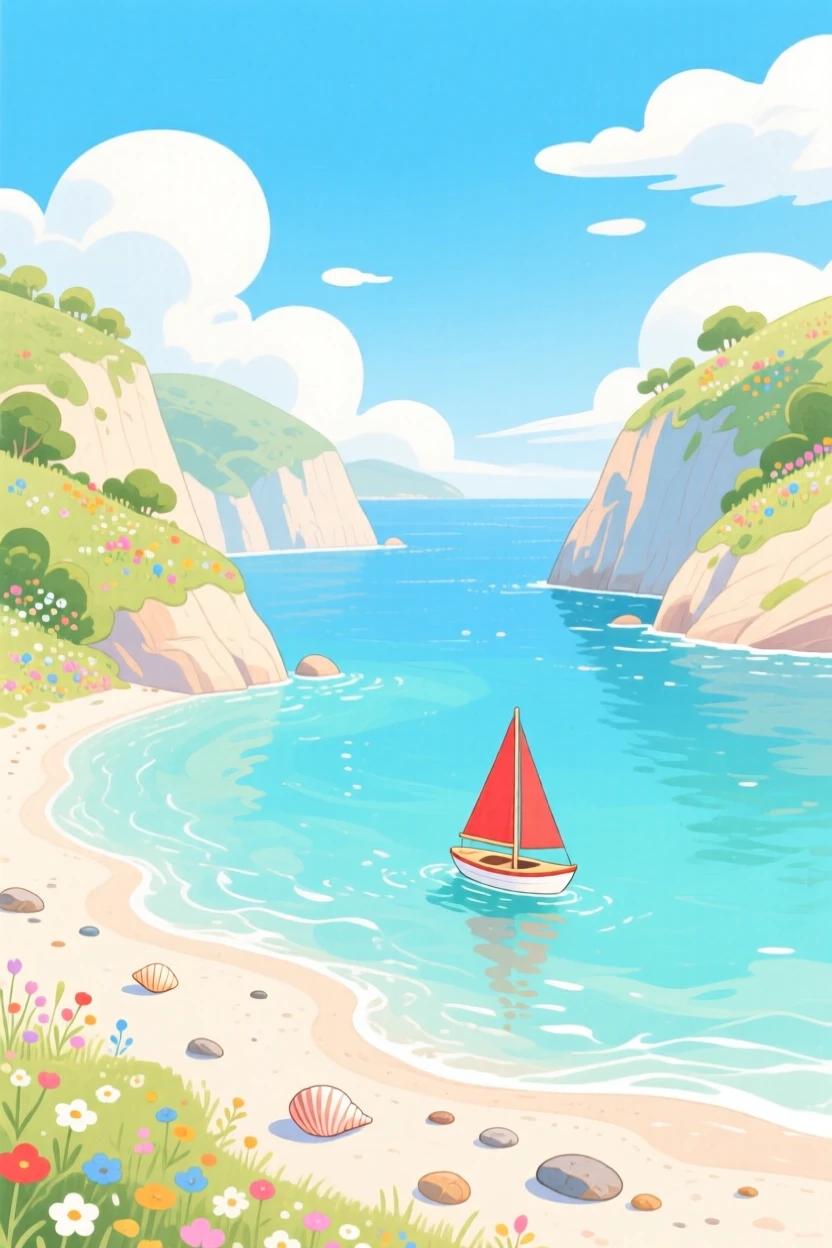 A panoramic scene of a secluded cove with crystal-clear water in the height of summer.