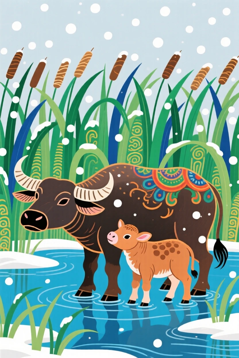 A water buffalo with its young among reeds at a marsh, as snow begins to fall.