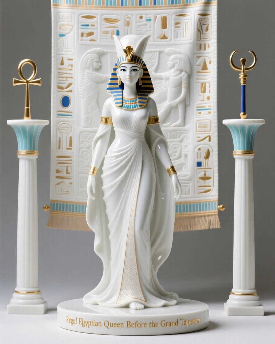 A regal Egyptian queen standing before a grand tapestry, flanked by symbols of ancient power.
