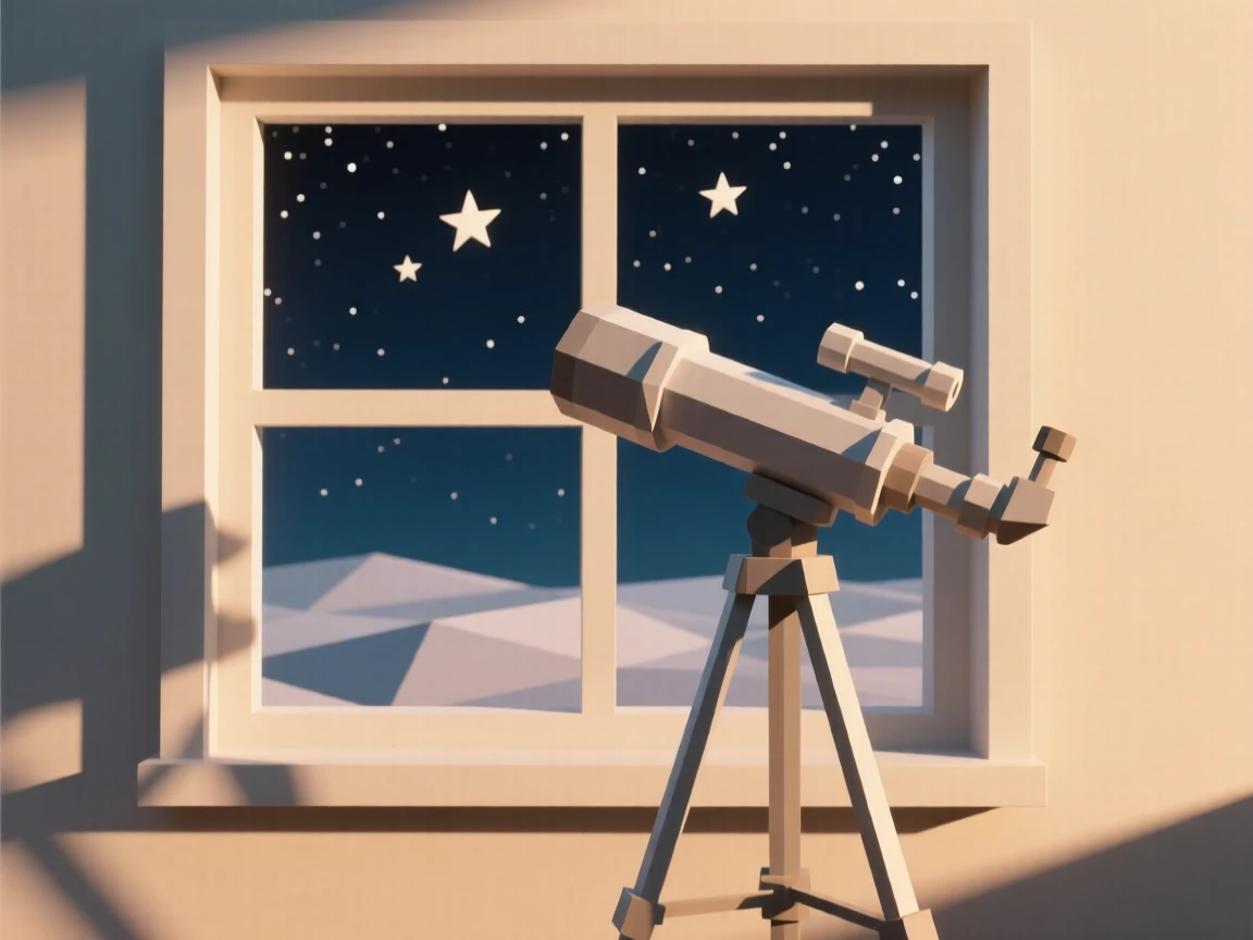 A telescope pointed toward a starry window view, bathed in warm afternoon light. soft directional light creates gentle shadows. There is a calm, contemplative stillness.