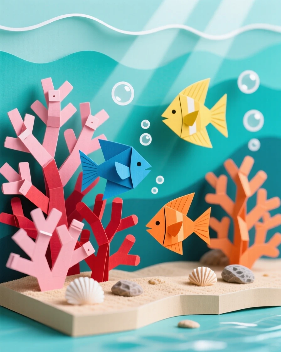 A vibrant coral reef teeming with tropical fish in brilliant blues, yellows, and oranges, sunlight filtering down through clear turquoise water, capturing the vivid life beneath the waves.