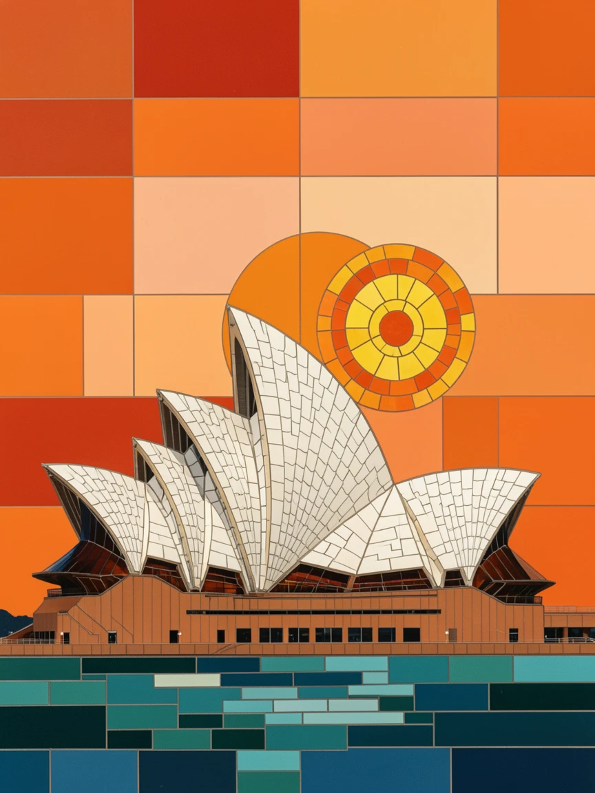 The Sydney Opera House against a vivid orange sunset sky.