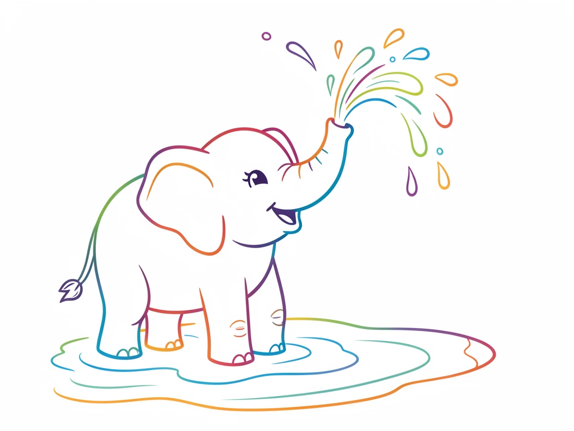 A baby elephant spraying itself with water using its trunk at a watering hole.