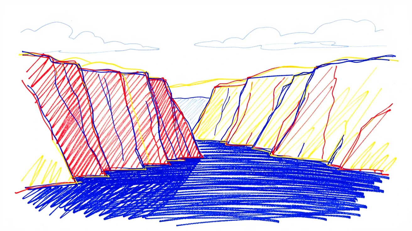 A dramatic fjord with steep cliffs plunging into deep blue water under low clouds