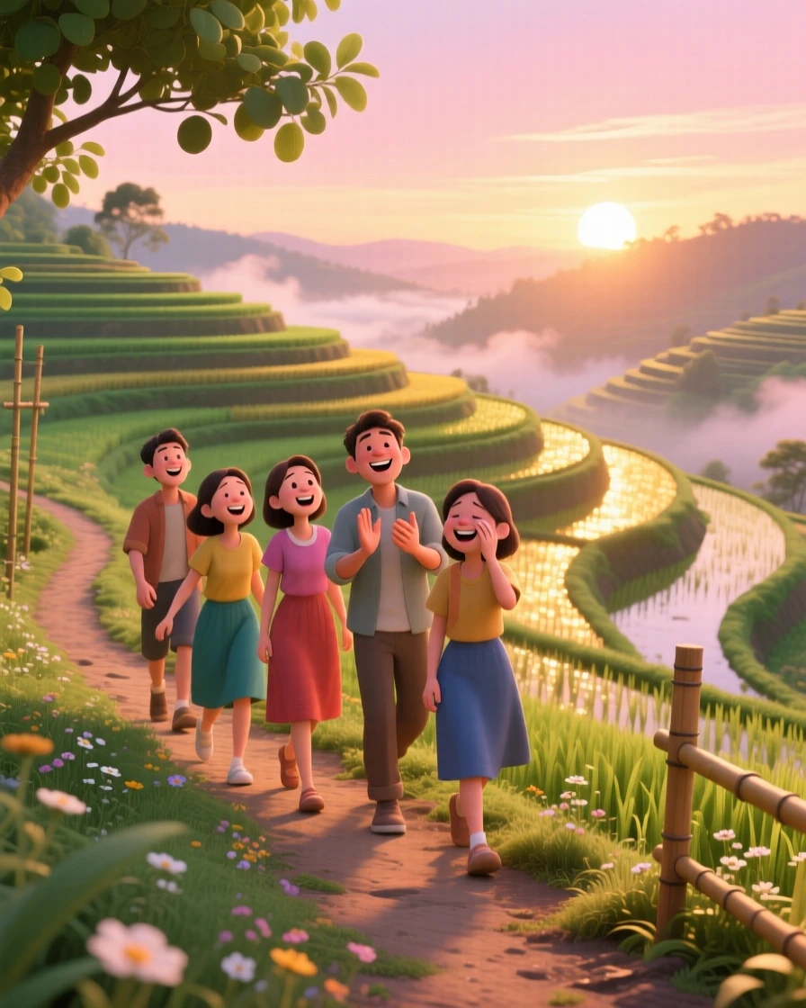 A group of friends laughing together stands overlooking a terraced rice field at sunrise, walking slowly along the quiet path. A quiet excitement for discovery lingers in the air, with warm golden light washing over everything.