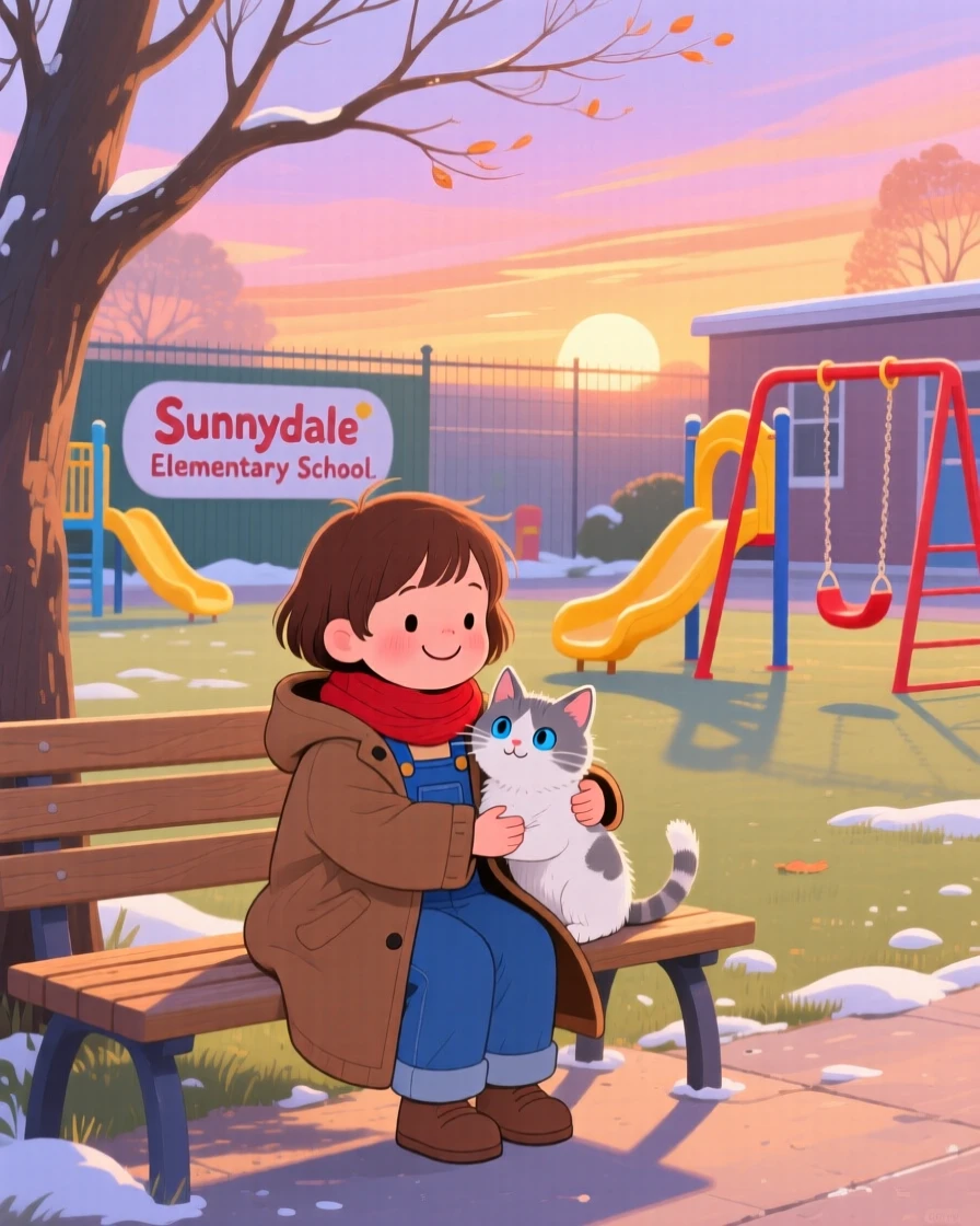 In a sunny schoolyard, a child and a stray kitten bond over sharing a warm coat on a chilly evening, while a warm glow of evening light surrounds them.