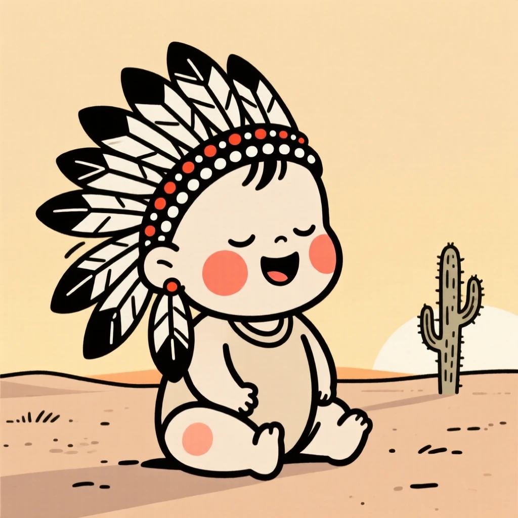 A giggling infant of Korean heritage wearing a Native American ceremonial headdress, looking serene and at peace, in a desert at golden hour.