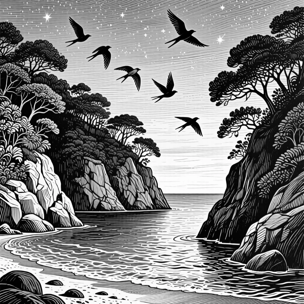 A hidden cove beneath a canopy of stars beginning to appear, with birds circling lazily overhead, evoking a softly romantic atmosphere in a wide, balanced composition.