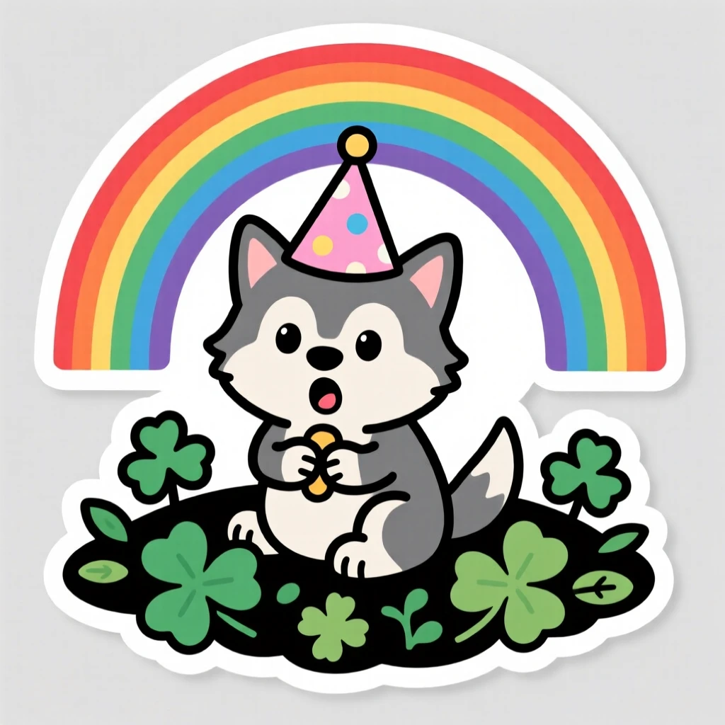 A surprised little wolf pup holding a paper party hat, on a bed of clover under a rainbow.