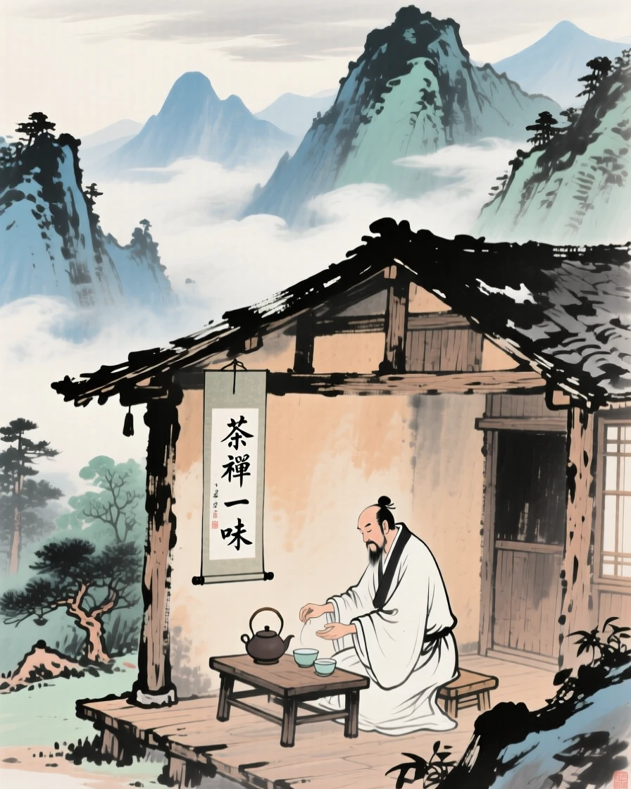 A tea master preparing tea in a rustic mountain hut, beneath low hanging clouds.