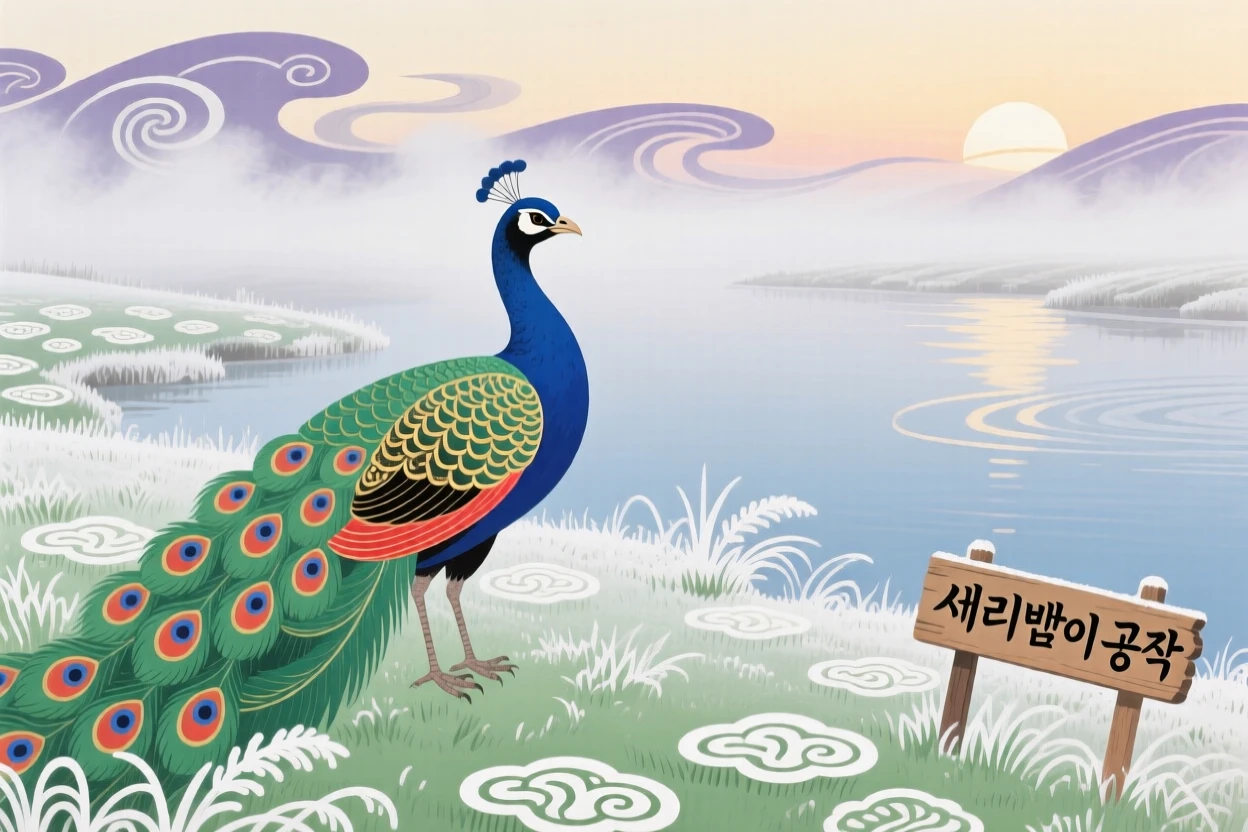 A peacock perched in a frost-covered meadow, as morning mist rises from the water.