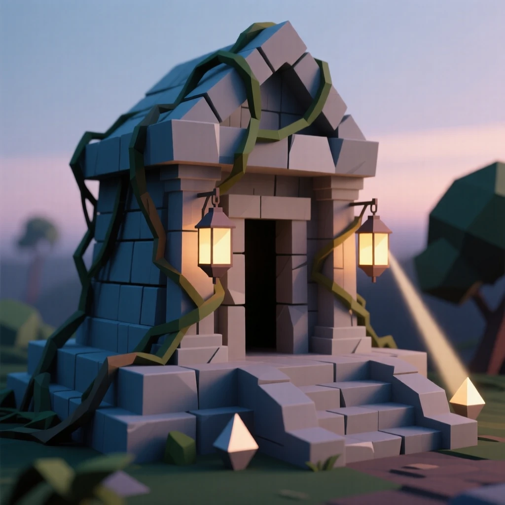 An ancient stone temple wrapped in jungle vines, as lantern light flickers to life at dusk. fine architectural details are rendered with clarity. It captures a feeling of quiet discovery.