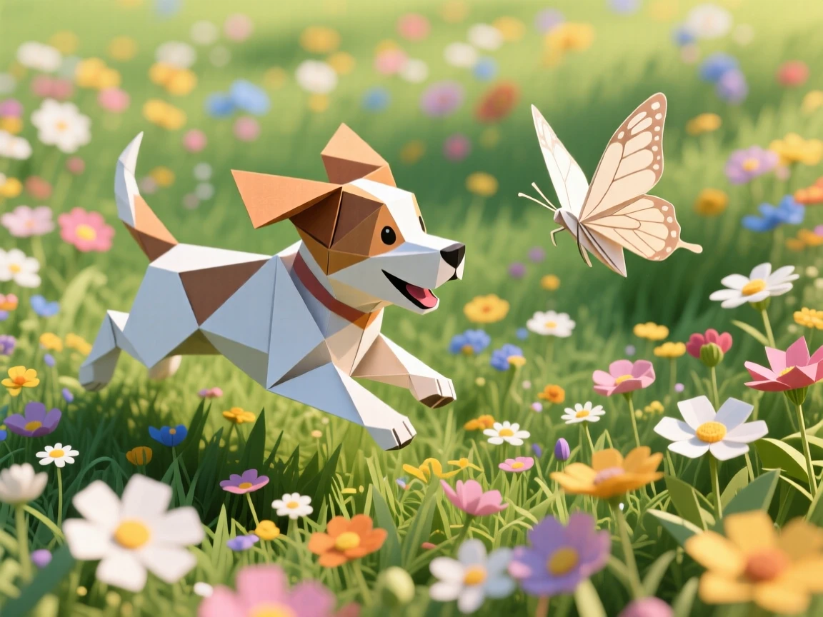 A puppy chasing a butterfly across a flower-filled meadow, ears flying back, wildflowers bending in its wake.